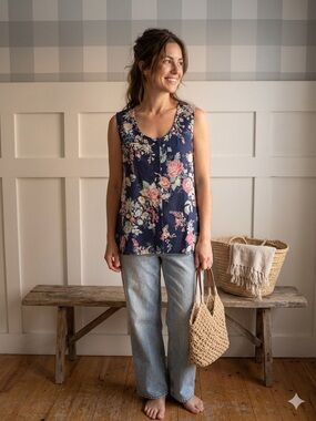Suttles & Seawinds Navy Floral Scoop-Neck Sleeveless Blouse Small